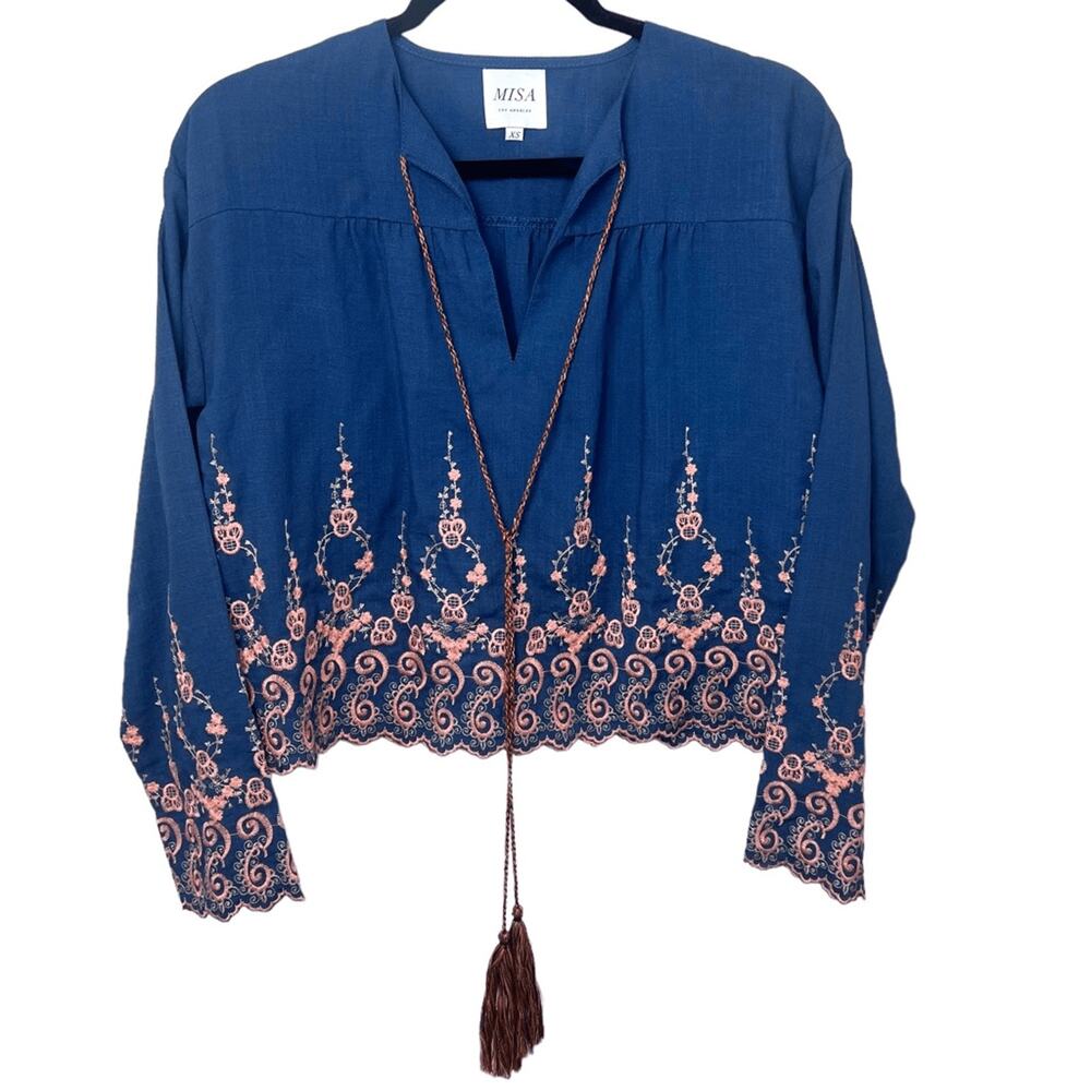 NWOT MISA Los Angeles Embroidered Boho Long Sleeve Blouse Blue Sz XS
